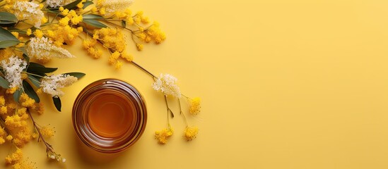 Top view flat lay of a honey jar adorned with delicate acacia flowers and leaves creating an aesthetically pleasing copy space image