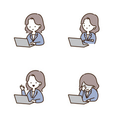 ノートパソコンで仕事をする女性会社員の表情セット
