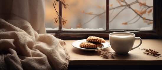 A cozy scene is set with a cup of tea and oatmeal cookies on the windowsill accompanied by a knitted sweater and an old book in a flat lay image. with copy space image