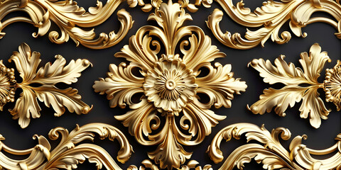An ornate gold wallpaper with flowers and leaves