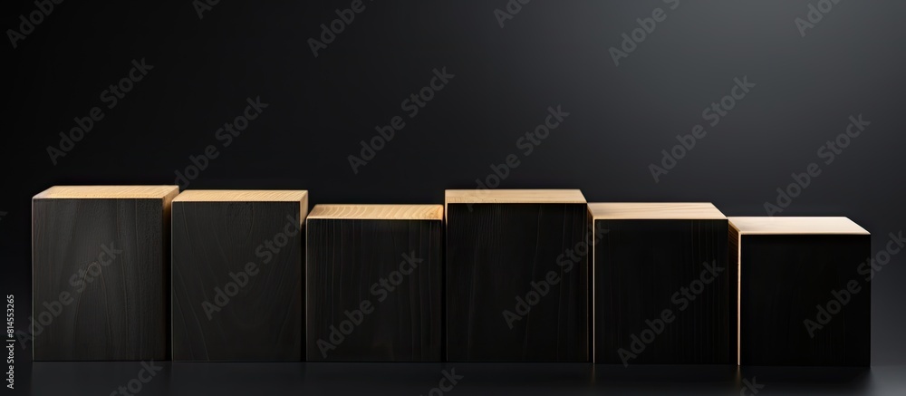Poster Black background with copyspace image featuring row of seven blank wooden blocks for your personalized text letters or numbers