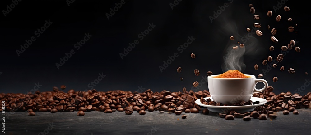 Poster a cup of coffee with scattered coffee beans on a gray background providing ample copy space in the i