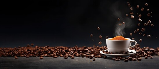A cup of coffee with scattered coffee beans on a gray background providing ample copy space in the image