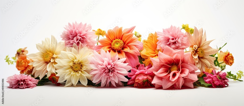 Poster a stunning bouquet of pink and orange flowers set against a clean white background creating a perfec