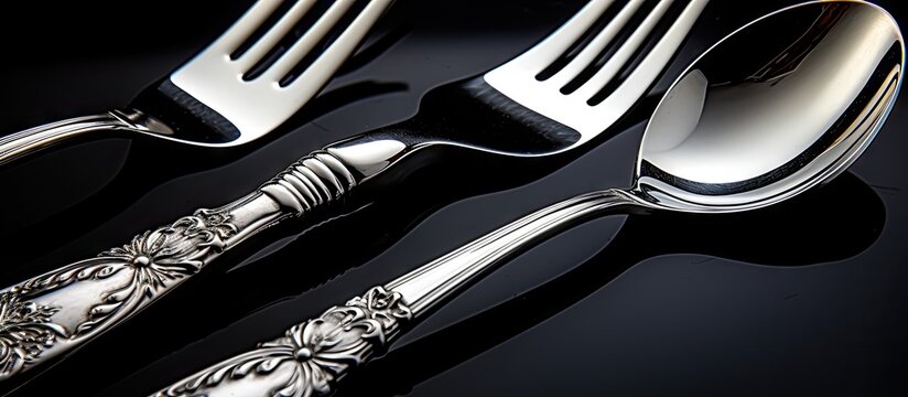 A close up shot of a silver set of cutleries including a tablespoon teaspoon dinner fork and dessert fork on a black background perfect for copy space image