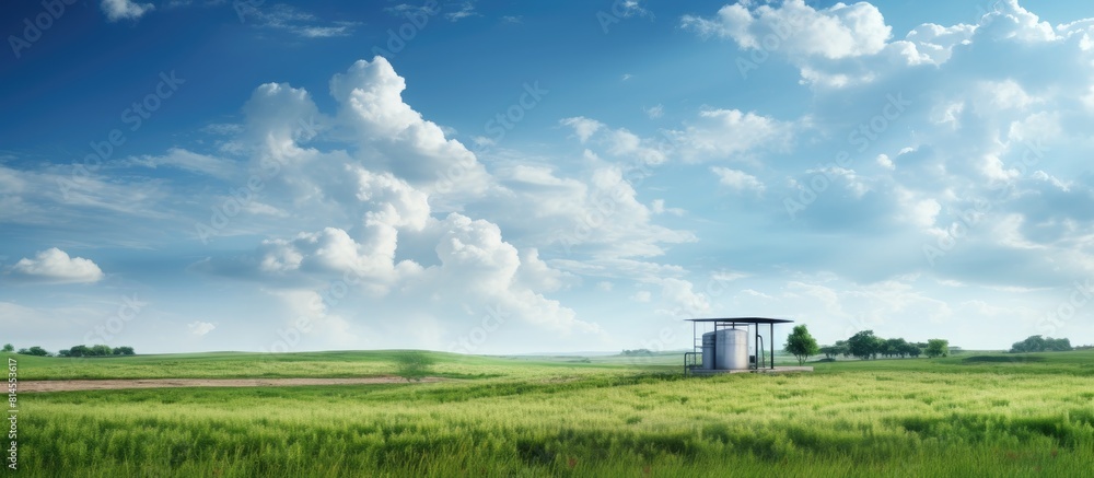 Poster a water supply station in a field with a serene blue sky and beautiful white clouds in the backgroun