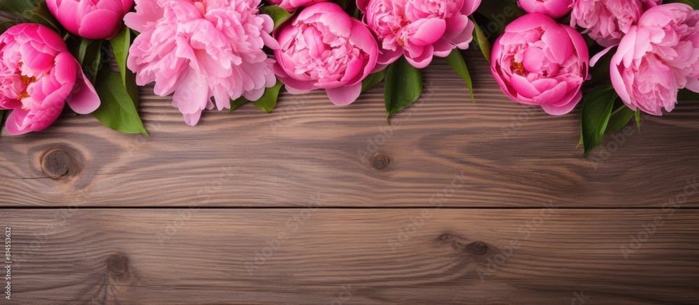 Aufkleber A picturesque copy space image with vibrant pink peony flowers beautifully arranged on a rustic wooden background creating the perfect Mother s Day vibe The flat lay gives a flawless top view of this