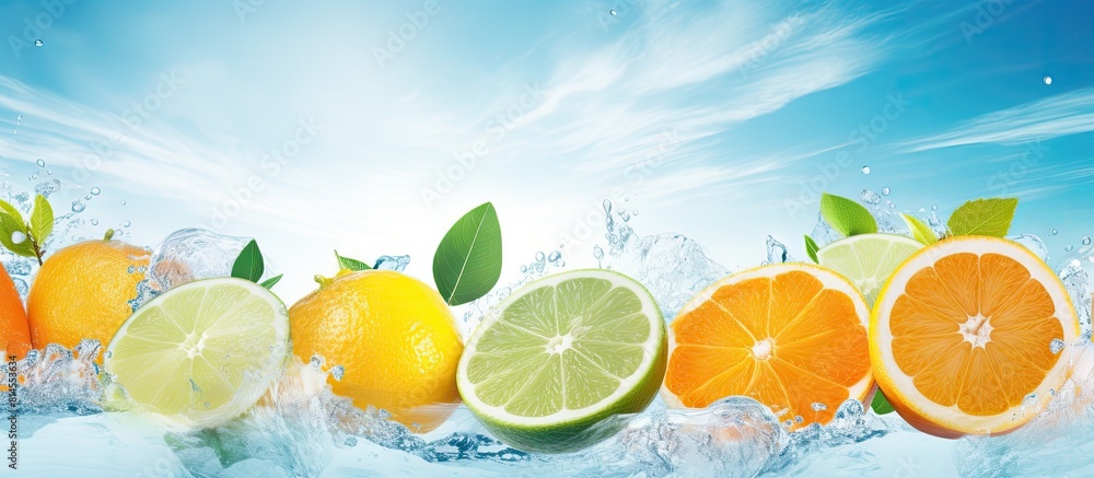 Poster A refreshing summer background featuring orange lemon lime and mint leaves on ice with a panoramic view Copy space image available