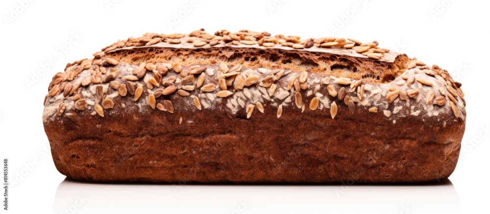 Poster a top view image of a rye dark bread loaf with grain and sunflower seeds isolated on a white backgro
