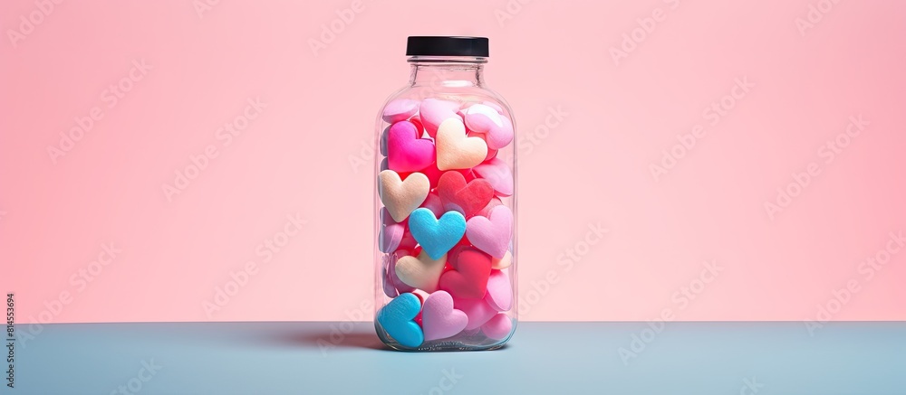 Poster a studio shot of a plastic bottle filled with pink heart shaped candies wrapped in colorful packagin