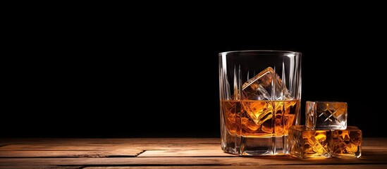 On a wooden background a copy space image showcases a whiskey on the rocks placed on a black desk in a bar