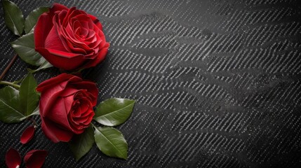 Two vibrant red roses bloom gracefully against a dark black backdrop