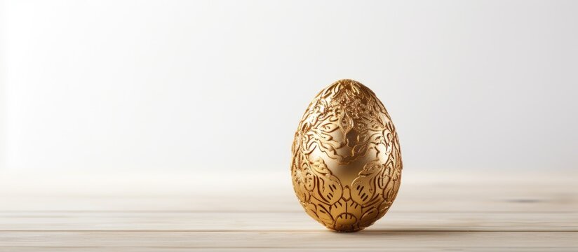 A golden Easter egg placed on a white wooden background creating a visually appealing copy space image 103 characters