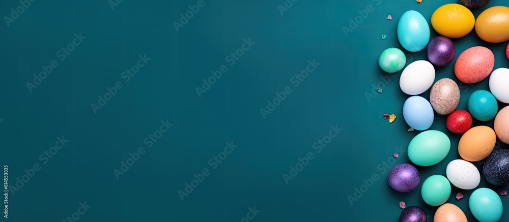 Poster Preparing for the holiday there is a vibrant flat lay top view copy space image capturing the Happy Easter concept with Easter eggs on a colored background