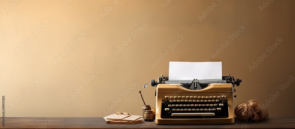 Poster Vintage typewriter with copy space image and stack of paper