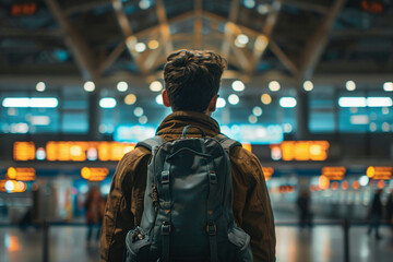 Fototapeta premium Generative AI composition image of traveling concept young person woman man at airport bus railway station
