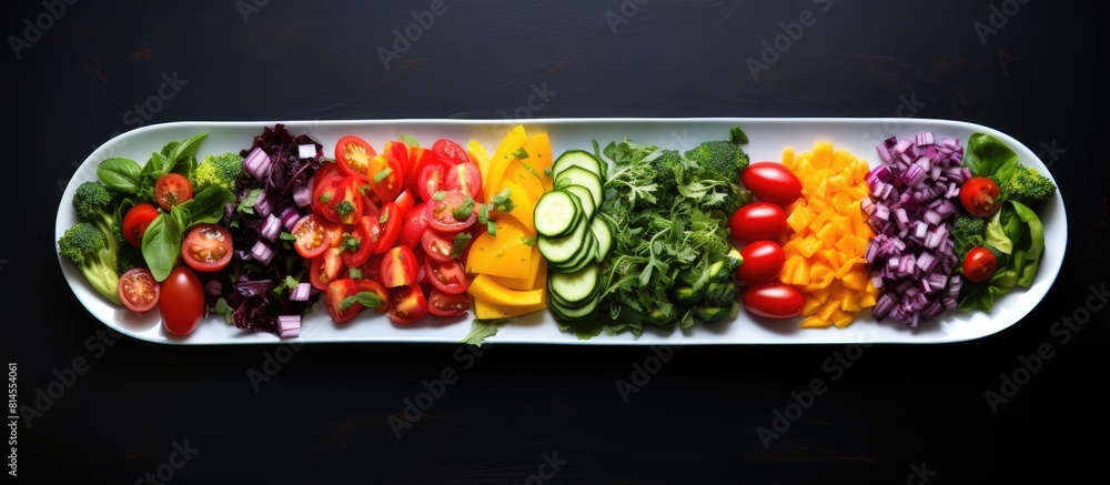 Poster Colorful salad arranged in a vertical line on a plate perfect for any copy space image