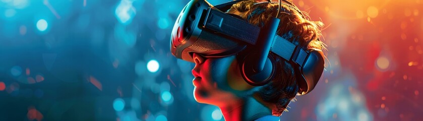 A young boy deeply immersed in a virtual reality game wearing a VR headset - Powered by Adobe
