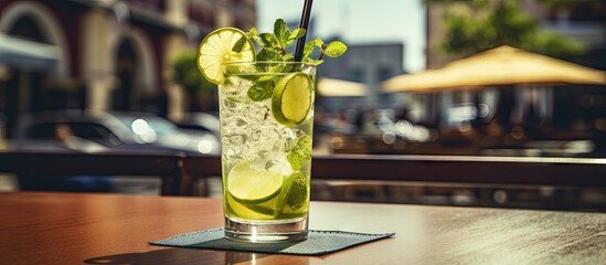 An outdoor restaurant terrace displays a refreshing summer mojito enticingly positioned on a table with ample space for a captivating image