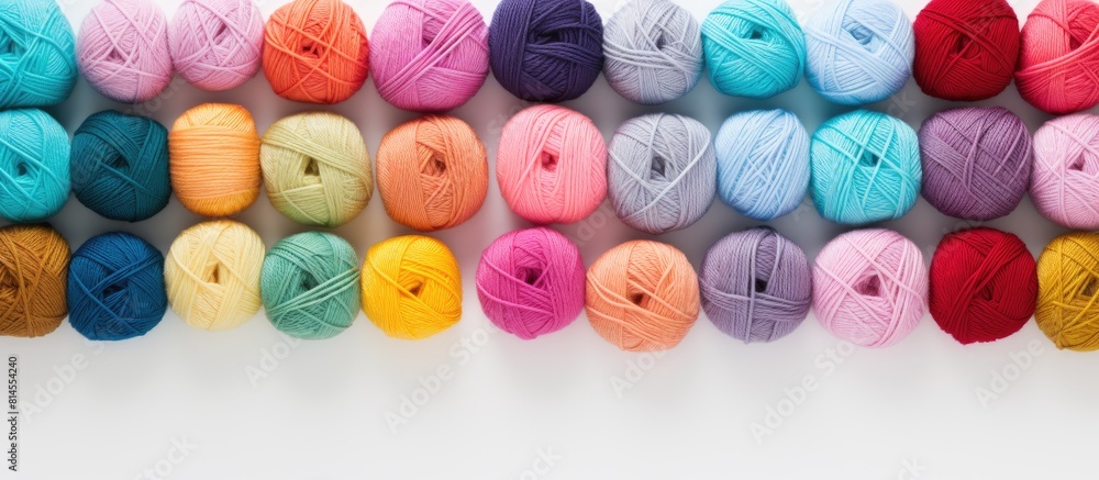 Poster Top view of a color yarn for knitting against a white background This flat lay image provides ample copy space