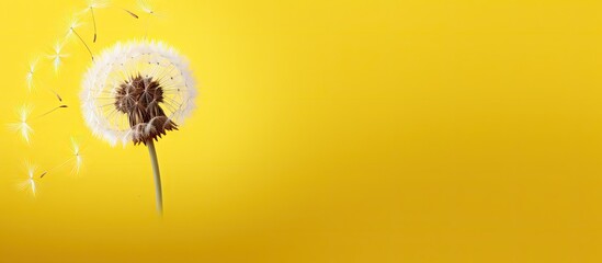 A yellow background showcasing a dandelion head with seeds leaving room for additional images or text