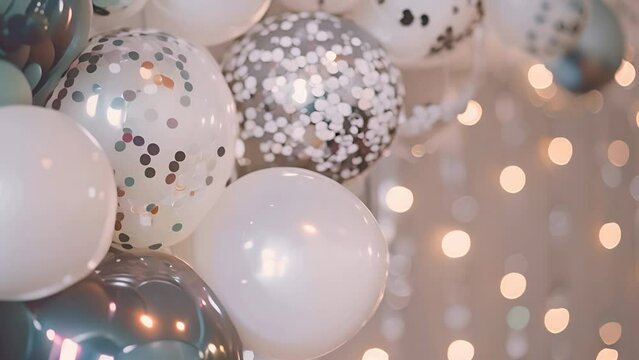 elegant party setup with white and silver balloons, cascading silver confetti, serene and classy