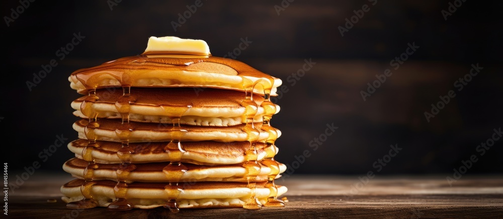 Poster a tall stack of pancakes perfect for a family breakfast with a shallow depth of field and an empty a
