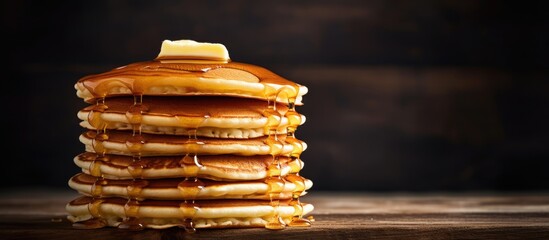 A tall stack of pancakes perfect for a family breakfast with a shallow depth of field and an empty area for additional content