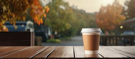 A takeaway coffee sits on a wooden bench outside with a paper cup capturing the essence of the scene The image is perfect for showcasing a copy space