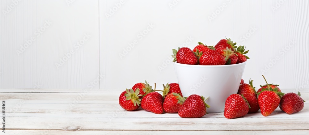 Poster healthy food consisting of red strawberries arranged in a cup on a white washed wood surface with am