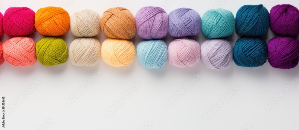 Poster Top view of a color yarn for knitting against a white background This flat lay image provides ample copy space