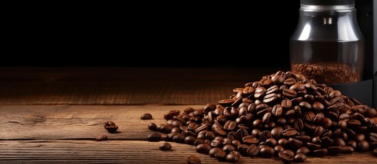 Coffee beans are poured into an electric grinder for a copy space image on a wooden background