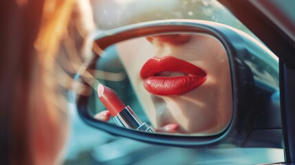 Close-up of a woman applying lipstick in the rearview mirror of her car highlighting a busy
