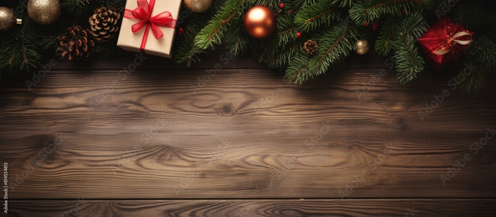 Poster toned top view of a wooden table decorated with a christmas present box fir tree branch and various 
