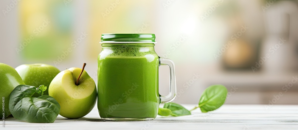 Poster a detox green smoothie containing apple spinach and lime is displayed in a mason jar on a white wood