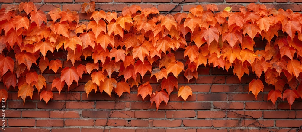Aufkleber Image of a brick wall covered in vibrant orange leaves providing an eye catching autumn display. with copy space image. Place for adding text or design