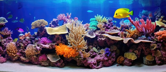 The aquarium showcases a stunning close up of exotic corals with an eye catching copy space image