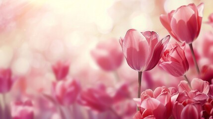 Obraz premium Pink tulips radiate in sun rays against a vibrant backdrop