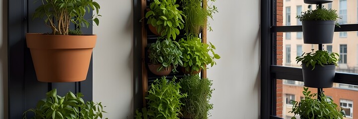 Terrace with plants in a vase. Wall garden