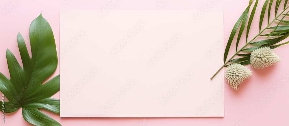 Poster Copy space image featuring a minimalist flat lay composition with a blank pink page accompanied by vibrant green plants set against a soft pink pastel background Perfect for adding text