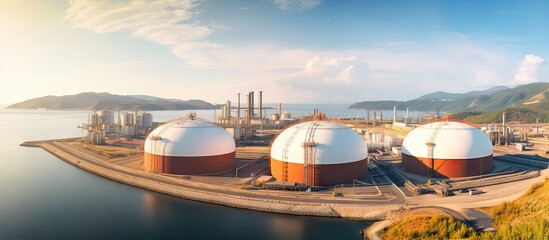 An aerial drone captures a wide panoramic image of an LNG tanker anchored in a small gas terminal island The photo includes tanks for storage and provides ample copy space
