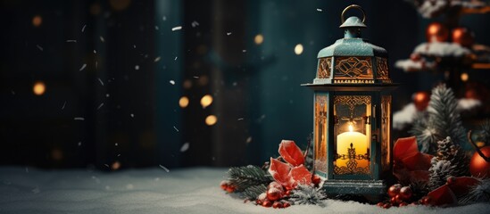 A festive Christmas lantern adorned with various decorations perfect for adding a touch of holiday spirit to any space 115 characters. with copy space image. Place for adding text or design - Powered by Adobe
