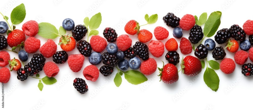 Fototapete top view of a fresh berries pattern isolated on a white background with copy space image