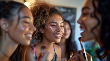 A candid moment as a group of friends apply makeup together in preparation for a night out capturing genuine smiles and camaraderie.