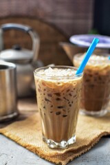 Thai traditional iced coffee,old style coffee, iced coffee, retro style,blur blackground