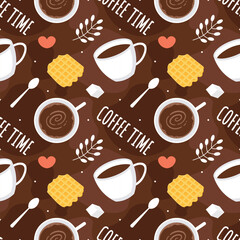 Coffee Time Seamless Pattern Design With Cacao Beans, Grains and Jug in Cartoon Flat Illustration