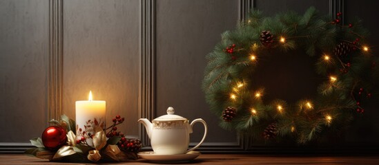 A festive copy space image featuring a white mug adorned with a Christmas wreath and accompanied by a lantern placed on a mantelpiece