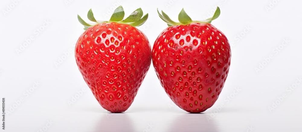 Poster A split fresh strawberry on a white backdrop with room for text or images. with copy space image. Place for adding text or design