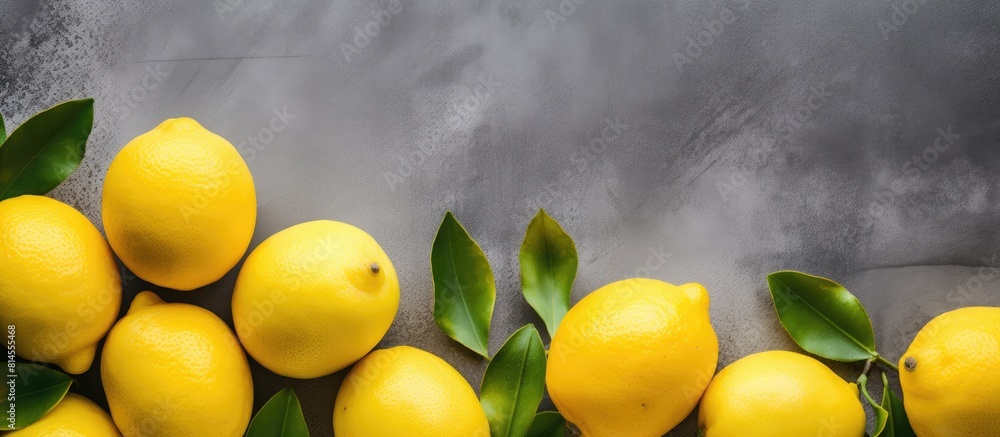 Aufkleber A top down view of fresh lemons resting on a grey background with ample copy space available