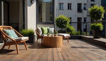 sunny tesunny terrace with wood teck flooring and plantsrrace with wood teck flooring and plants - Powered by Adobe